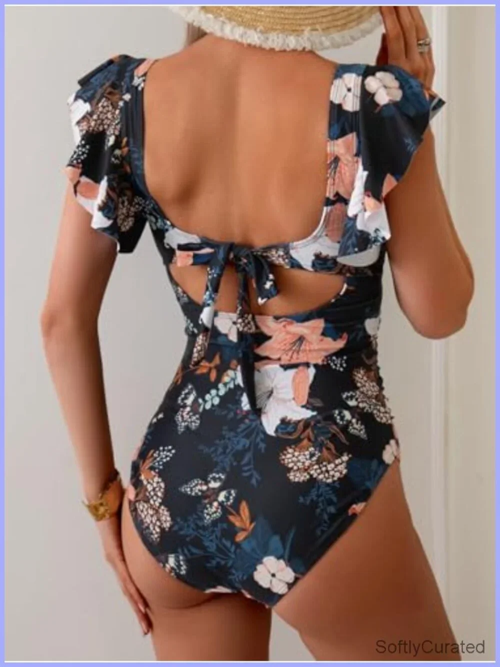 Ruffled One Piece Swimsuit with Tummy Control and V-Neck Cutout